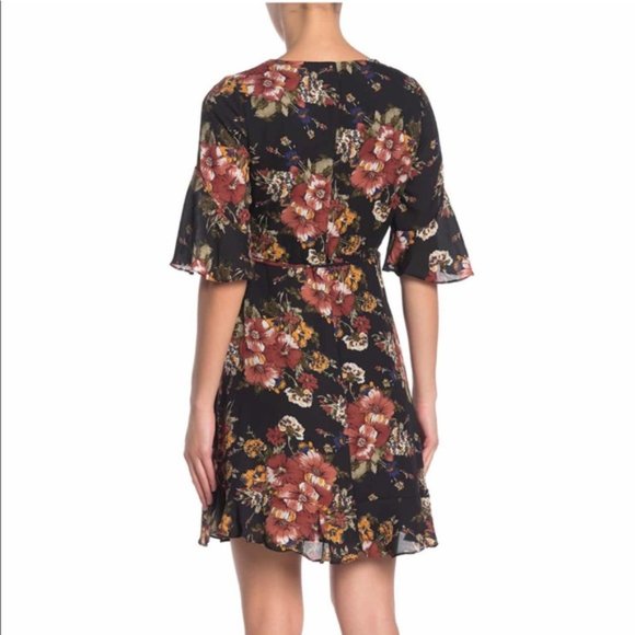 June & Hudson Wrap Mini Dress Floral Print Black Orange Brown Size L NEW wTag - Picture 3 of 10